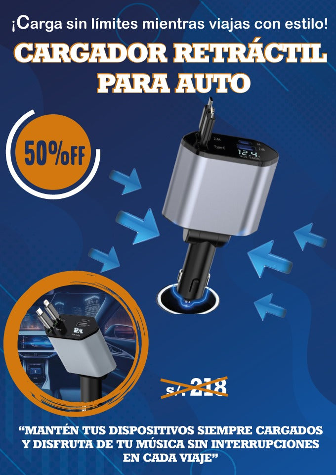 CARGADOR RETRÁCTIL PARA AUTO 4 EN 1